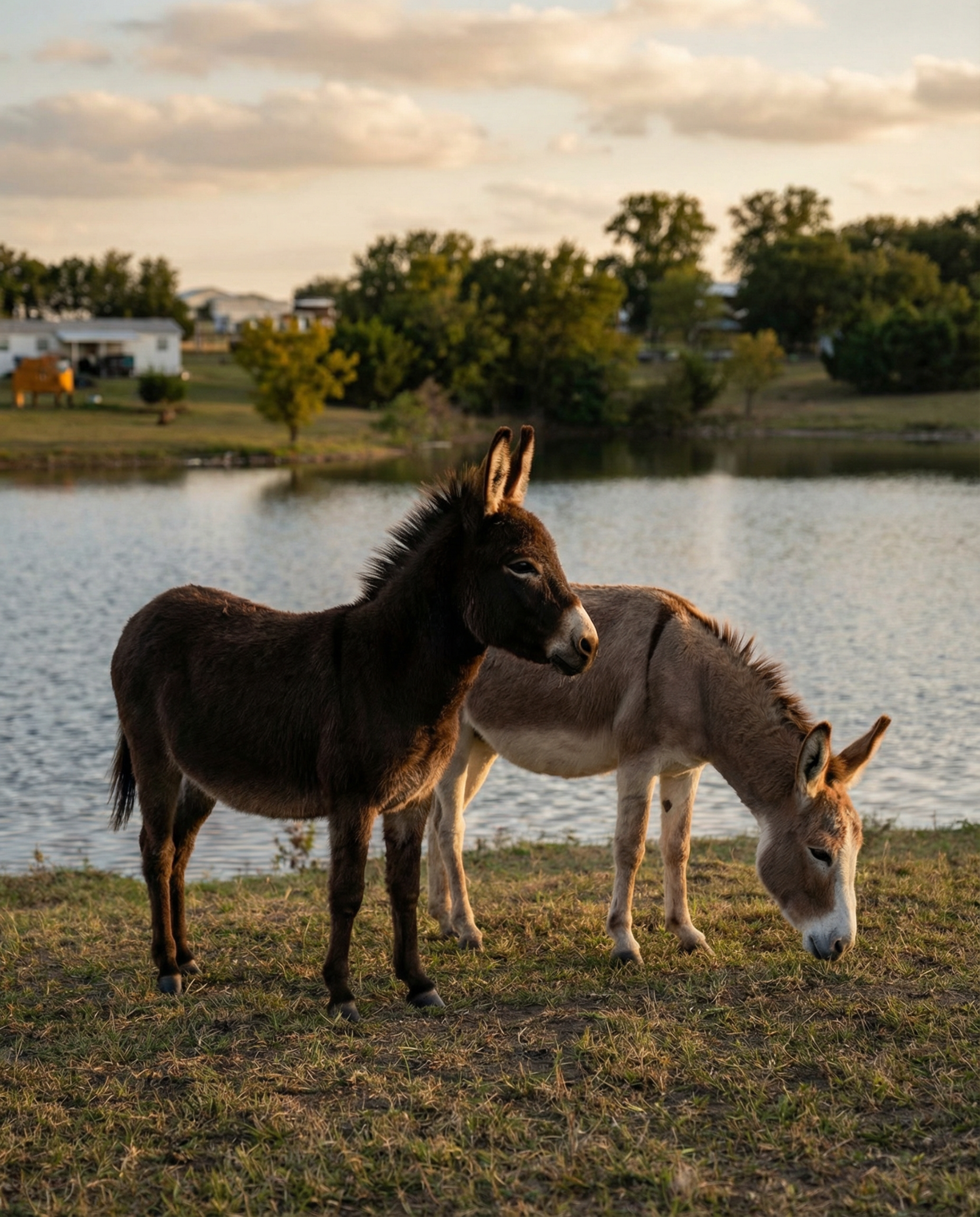 Miniature donkeys by the pond at sunset