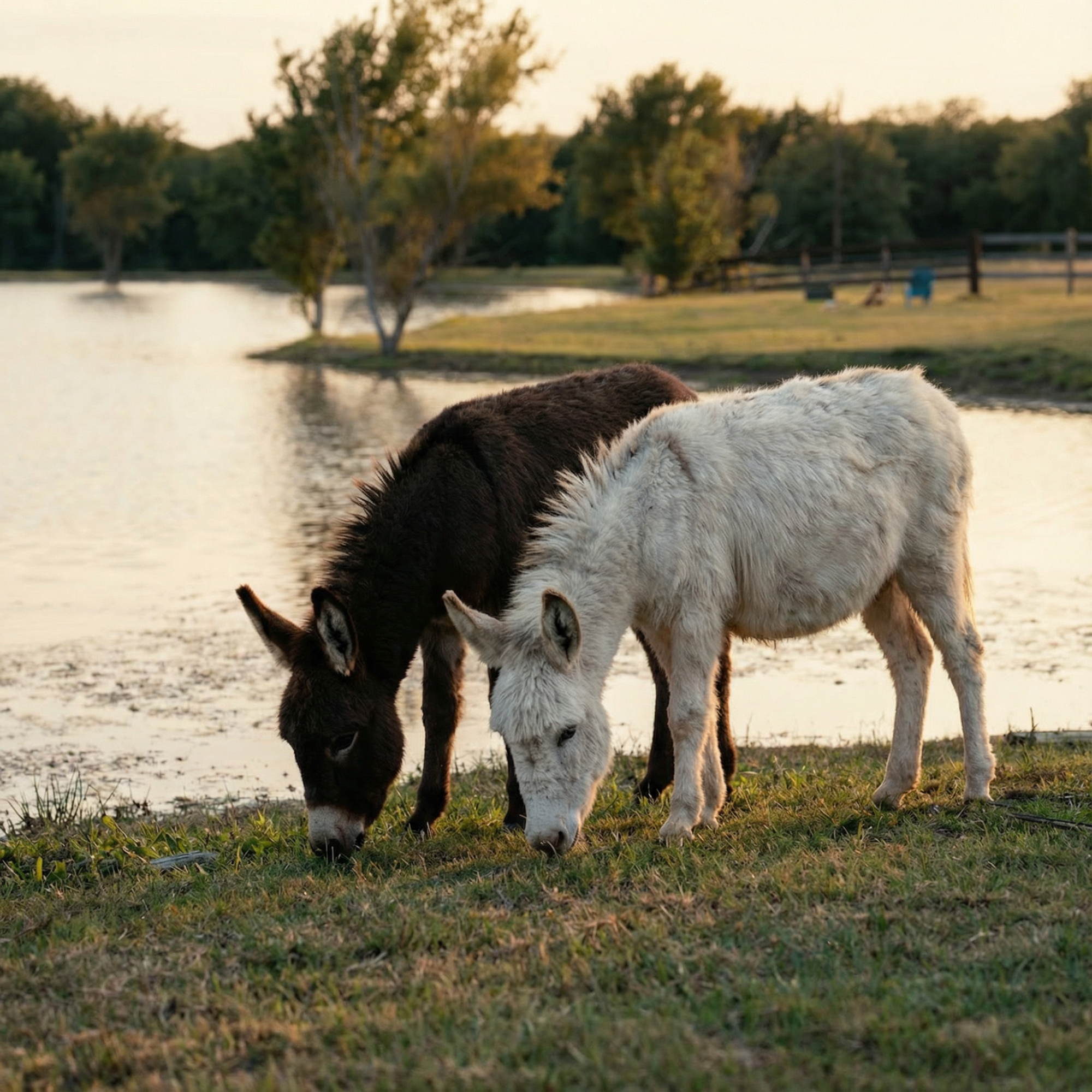 Donkeys grazing together by the pond