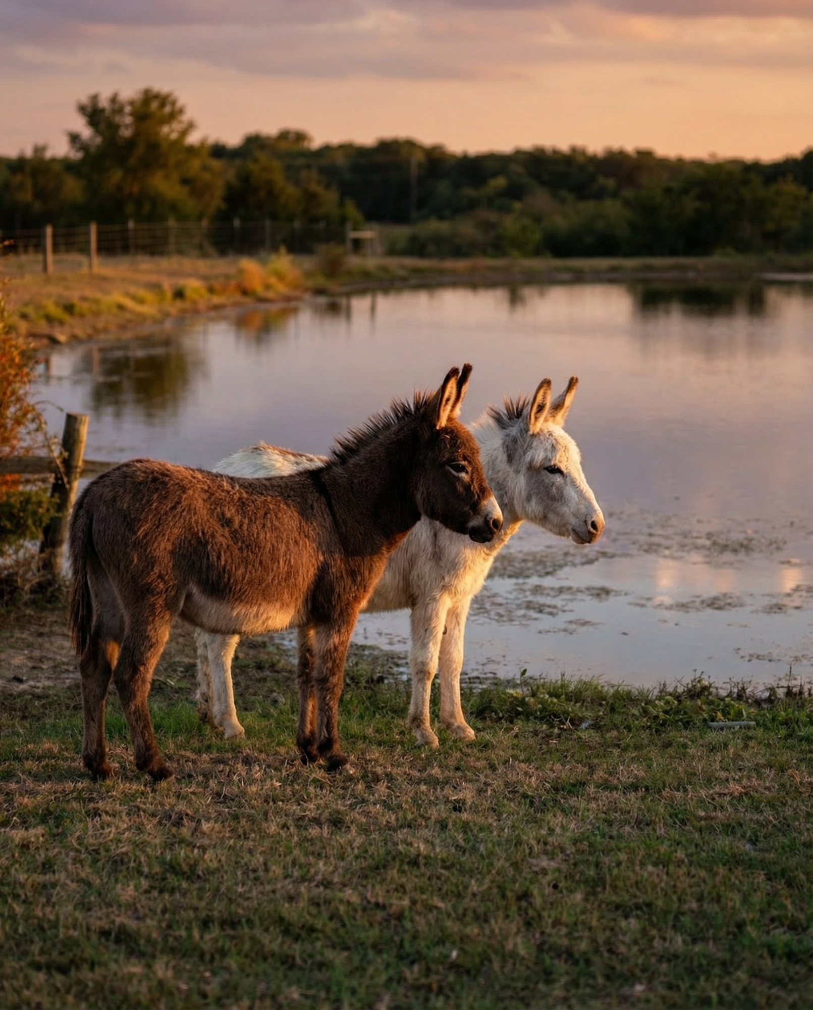 Miniature donkeys at sunset
