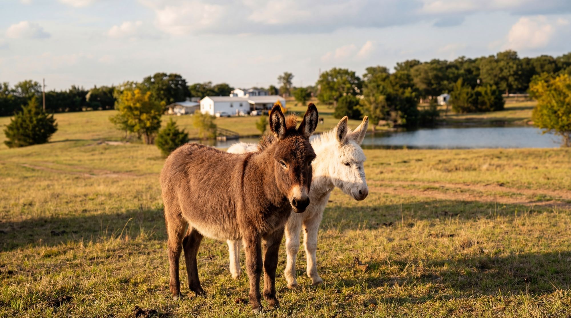 Two miniature donkeys standing together on the ranch