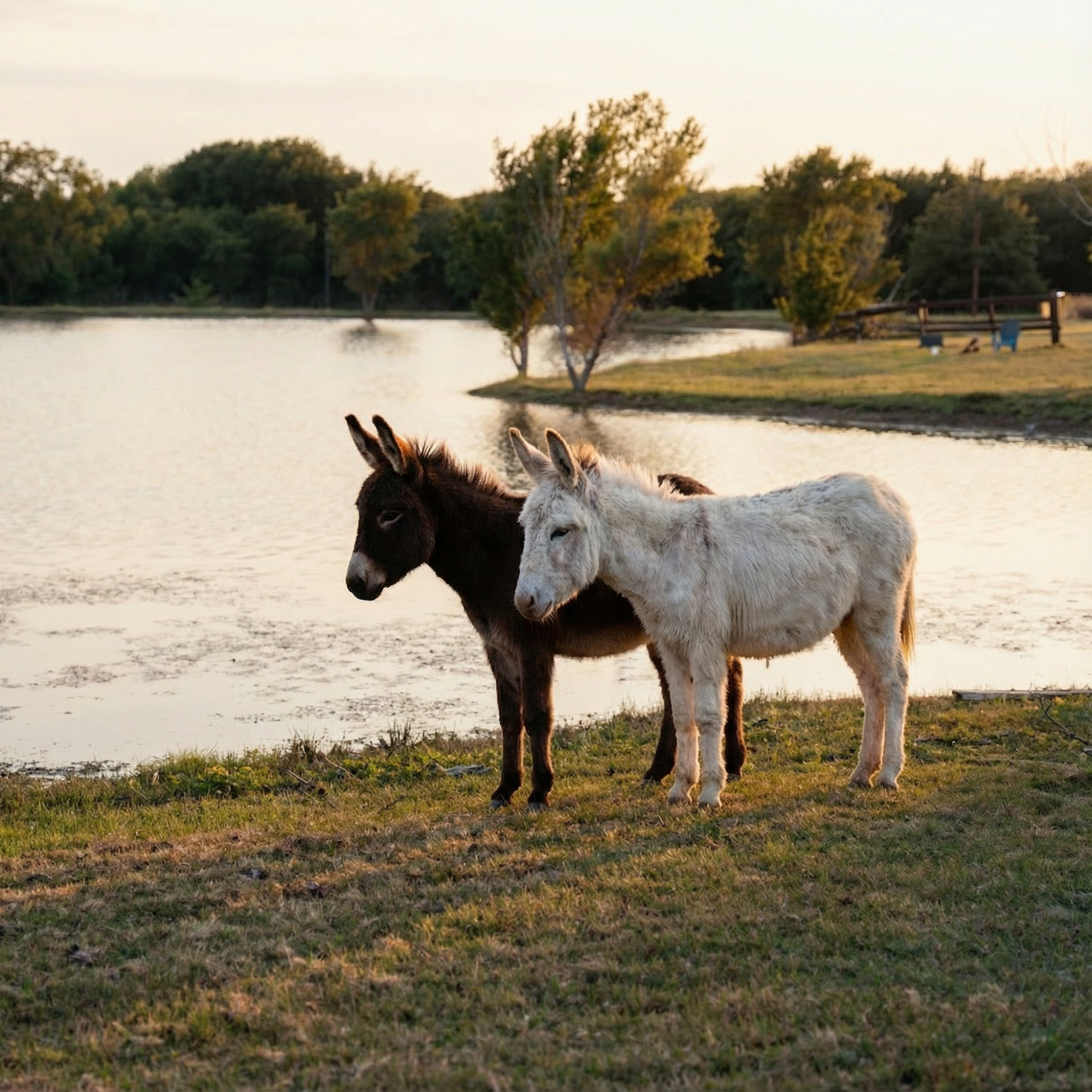 Pair of miniature donkeys at dusk