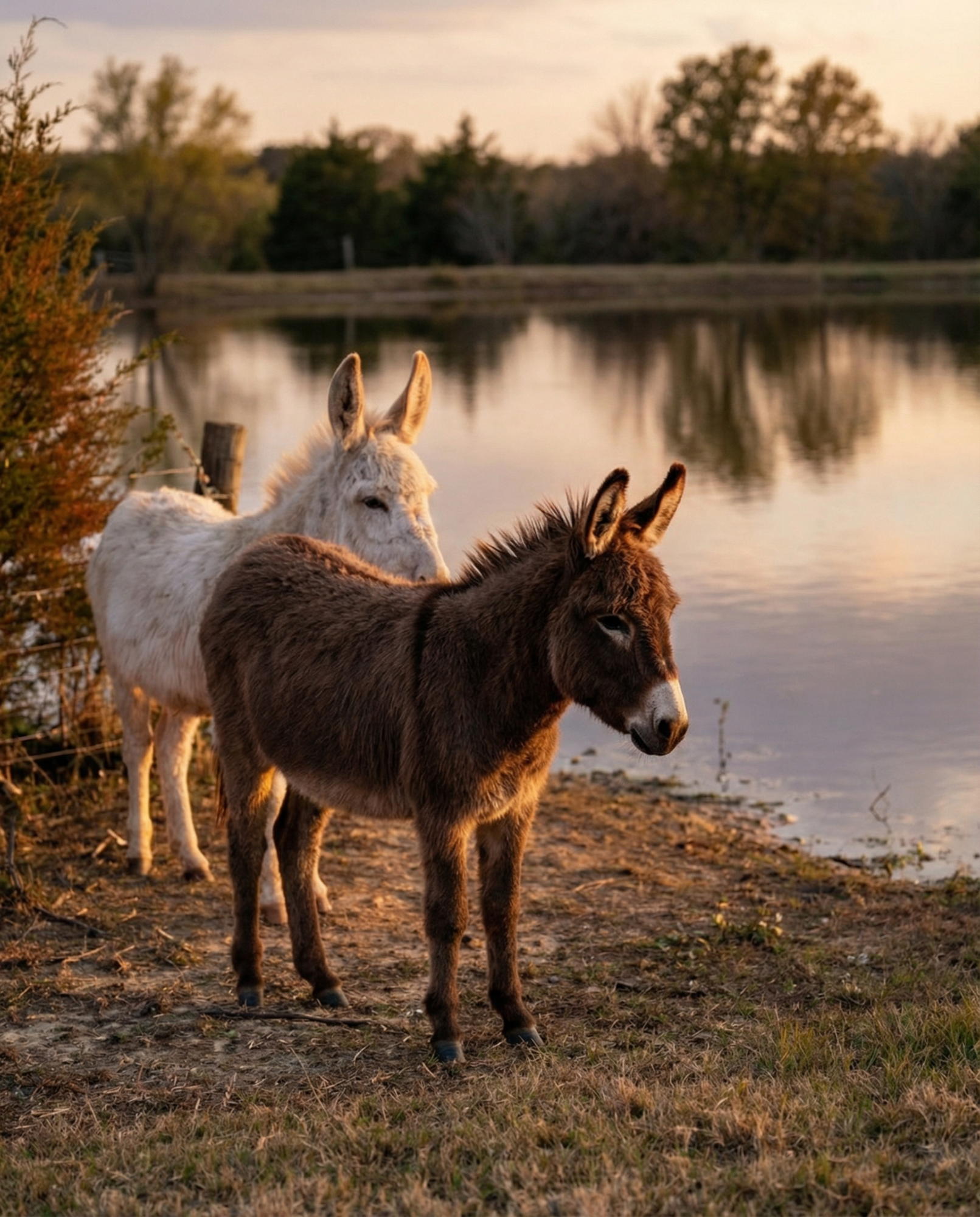 Miniature donkeys by the water
